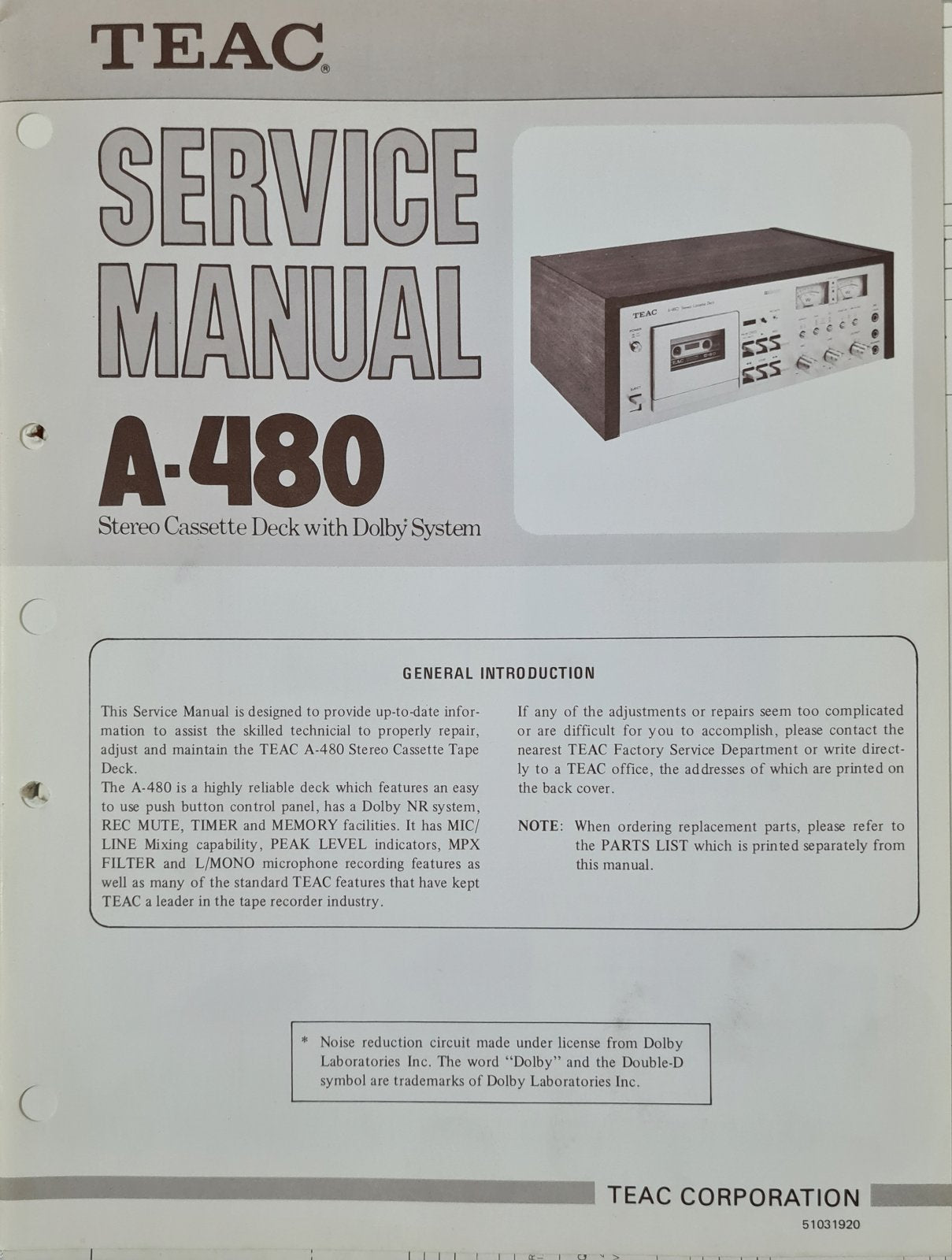 TEAC A-480 SERVICE MANUAL AND PARTS LIST