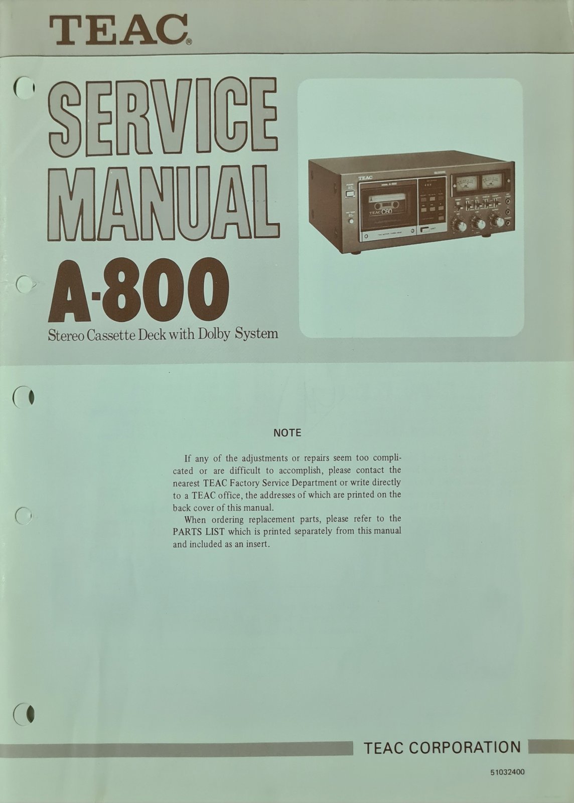 TEAC A-800 SERVICE MANUAL INCLUDING PARTS LIST